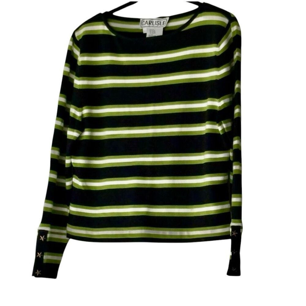 Carlisle Sweater Womens large Blue Green White Stripe Silk Cropped Boat Neck